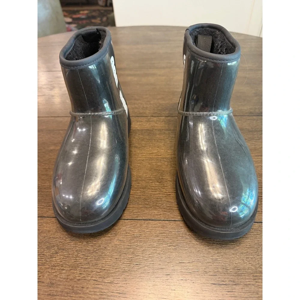 UGG Classic Clear Mini Waterproof Rain Boots‎ Black Women's Size 7 Fur Lined